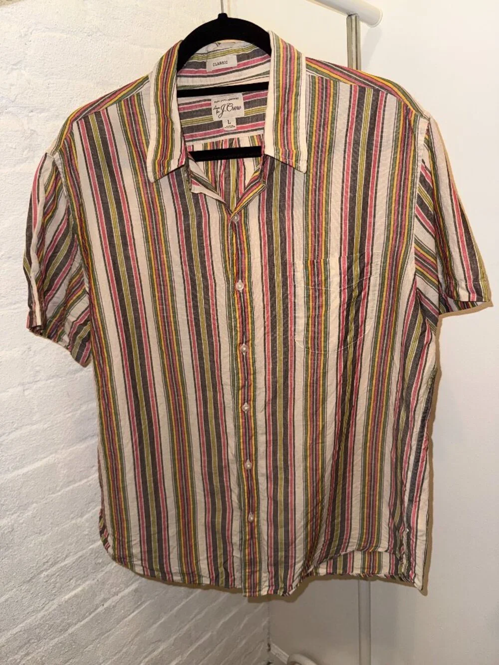 J.Crew Mens Large Classic Fit Short Sleeve Linen Cotton Multi Stripe Shirt